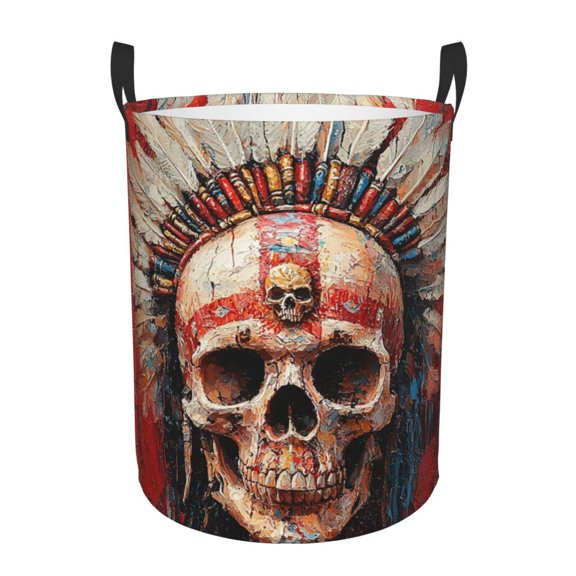 Large Circular Laundry Hamper, Waterproof Clothes Basket with Handles, Stand-Alone Storage Bin, Tribal Chief Skull Red