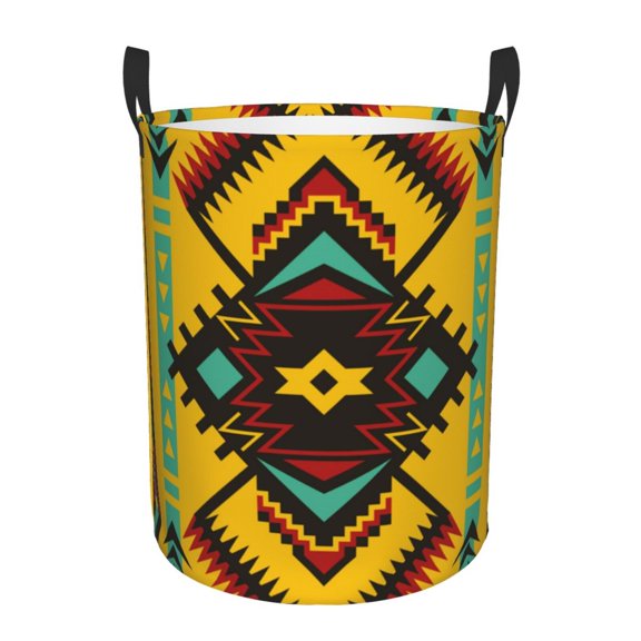 Large Circular Laundry Hamper, Waterproof Clothes Basket with Handles, Stand-Alone Storage Bin, Tribal Ethnic Pattern Aztec Art