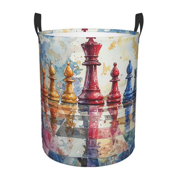 Large Circular Laundry Hamper, Waterproof Clothes Basket with Handles, Stand-Alone Storage Bin, World Chess Board Watercolor