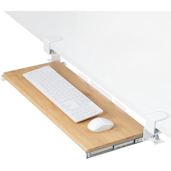Large Clamp-on Computer Keyboard and Mouse Under Desk Slider Tray, 27 x 11 inch Pull Out Platform Drawer, Bamboo, MOUNT-KB05O