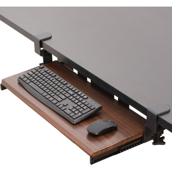 Large Clamp-on Computer Keyboard and Mouse Under Desk Slider Tray, 27 x 11 inch Pull Out Platform Drawer, Dark Wood, MOUNT-KB05D