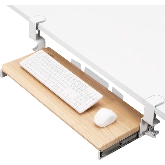 Large Clamp-on Computer Keyboard and Mouse Under Desk Slider Tray, 27 x 11 inch Pull Out Platform Drawer, Light Wood, MOUNT-KB05A