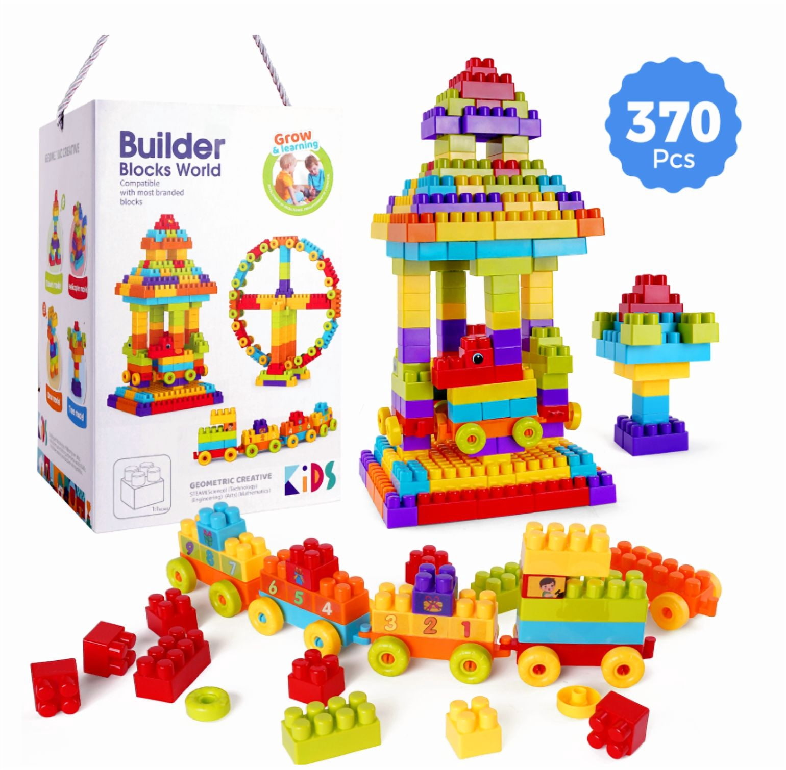Large Classic Building Blocks Set for Kids Toddlers, Basic STEM Educational Building Bricks Kit, Safe Creative Toys Birthday Gift for Age 3+（370 Pcs）