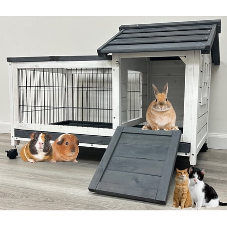 Large Classic In/Outdoor Guinea Pig Cage Rabbit Wooden Hutch on Rolling Wheels, Cat House with Ramp and Hideout, Small Animals Home with Not Leakage Pull Out Tray