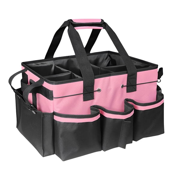 Large Cleaning Caddy Organizer, Pink Portable Cleaning Caddy Tote Bag with 5 External Pockets, 15x9.4x10.6 in, Polyester Fabric, Sturdy Handle & Adjustable Shoulder Strap