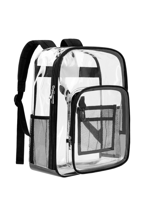 16" Large Clear Backpack, PVC Transparent Backpack Stadium Approved with Reinforced Strap College Bookbag with Front Pocket for Workplace Stadium Travel Security Festival College, Black