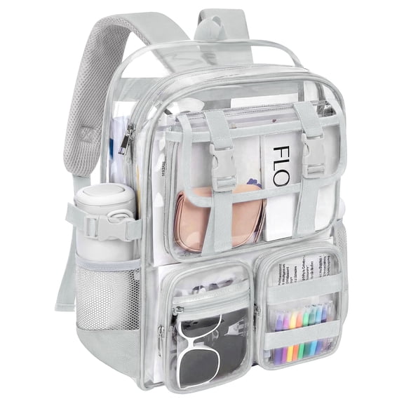 KOITHOT Clear Backpack Heavy Duty, Waterproof PVC Transparent Backpacks for Adults, Gray Book Bag for School Travel