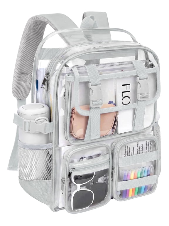 Clear Backpack Heavy Duty, Waterproof PVC Transparent Backpacks for Adults, Gray Book Bag for School Travel