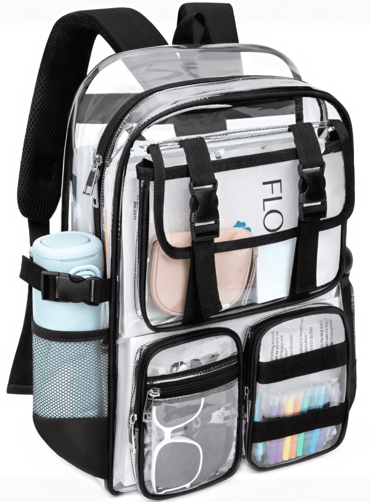 KOITHOT Clear Backpack Heavy Duty, Waterproof PVC Transparent Backpacks for Adults, Black Book Bag for School Travel