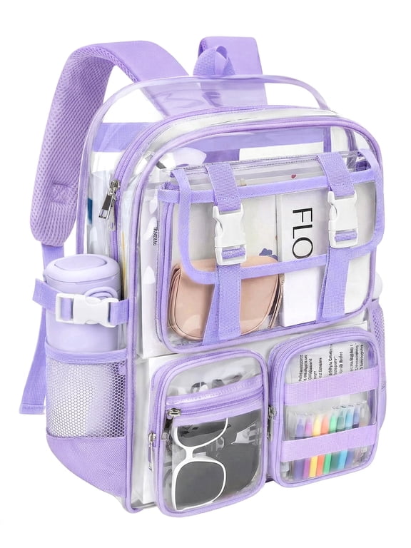 Clear Backpack Heavy Duty, Waterproof PVC Transparent Backpacks for Adults, Purple Book Bag for School Travel