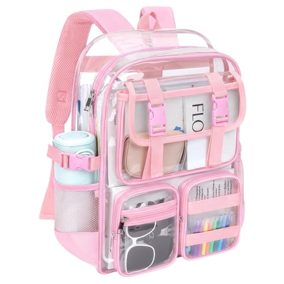 KOITHOT Clear Backpack Heavy Duty, Waterproof PVC Transparent Backpacks for Adults, Pink Book Bag for School Travel