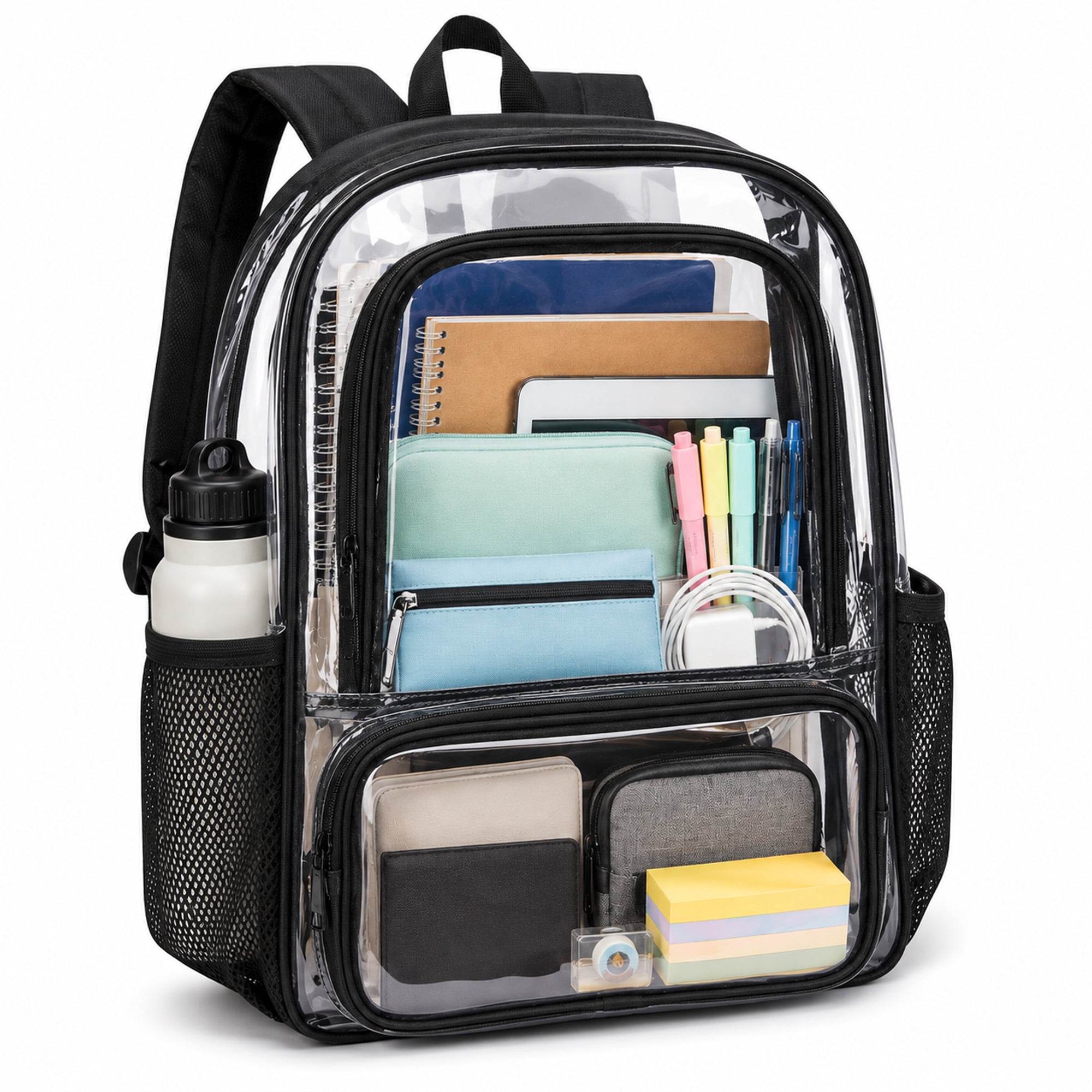 Large Clear Backpack with Dual Front Pockets, Padded Adjustable Straps and Side Mesh Pockets for School, Work & Travel