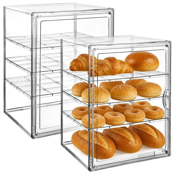 2 PCS Acrylic Bakery Display Cases, 4-Tier Adjustable Bread Box with Adsorptive Door, Clear Pastry Storage Container for Bread, Cupcakes, Pastry for Kitchen and Bakery Use