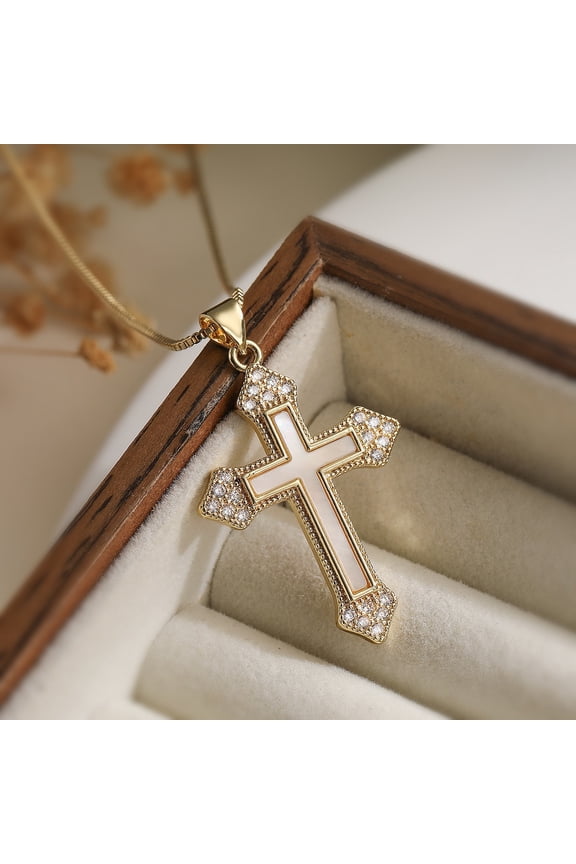 Large Clear Crystal Crucifix 14K Gold Filled Pendant Necklace for Women, Religious Amulet Jewelry Gift