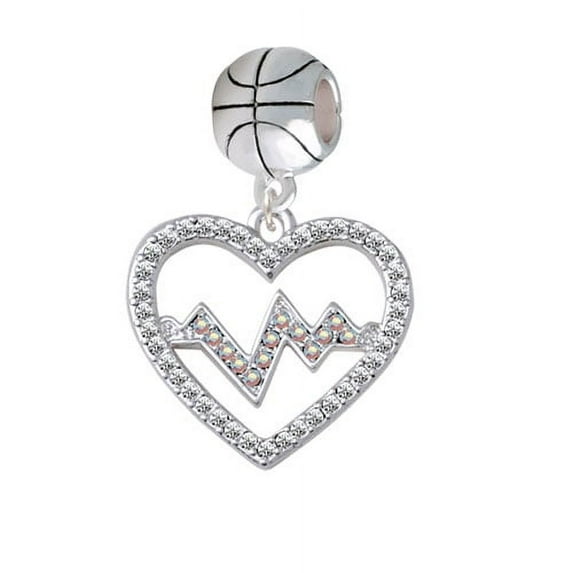 Large Clear Crystal Heart with AB Crystal Heartbeat - Basketball Charm Bead