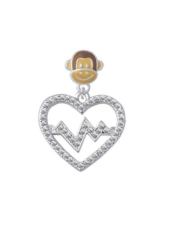 Large Clear Crystal Heart with Heartbeat - Monkey Face Charm Bead