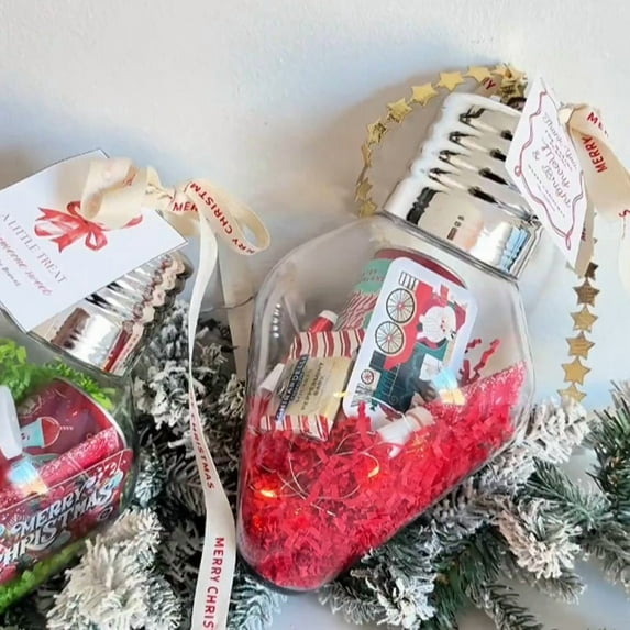 Large Clear Fillable Christmas Light Bulb Ornament Jar - Plastic Candy Container, DIY Xmas Tree Decor Hanging Gift Jar Screw-Off Lid Bulb Shaped Storage