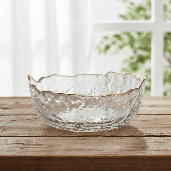 Large Clear Glass Salad Bowl with Gold Rim, Flower Shape Serving Bowl for Fruit, Snacks, Dessert, Ice Cream, Candy, Nuts, Kitchen, Home Decor, Mixing and Decorative Dish Plate