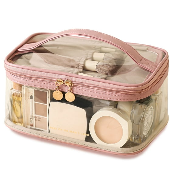 Large Clear Makeup Bag Big Travel Cosmetic Bag On-the-go Toiletry Bag with Handle Transparent Toiletries Bags Pouch for Purse Orangizer for Daily Essentials Pink