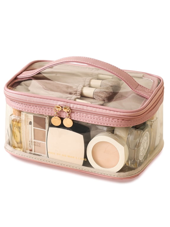 Large Clear Makeup Bag Big Travel Cosmetic Bag On-the-go Toiletry Bag with Handle Transparent Toiletries Bags Pouch for Purse Orangizer for Daily Essentials Pink