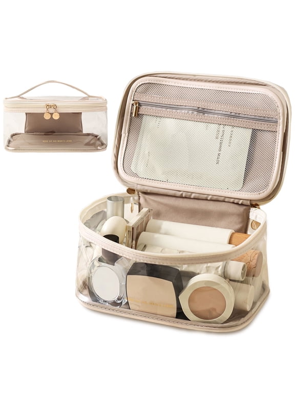 Large Clear Makeup Bag Big Pink Travel Cosmetic Bag On-the-go Toiletry Bag with Handle Transparent Toiletries Bags Pouch for Purse Orangizer for Daily Essentials White
