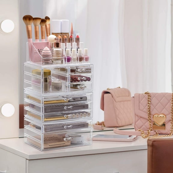 Large Clear Makeup Organizer - Detachable 4-Piece Jewelry & Make Up Organizers and Storage Set - Spacious Cosmetic Display Tower - Makeup Organizer for Vanity, Bathroom, Dresser & Countertop