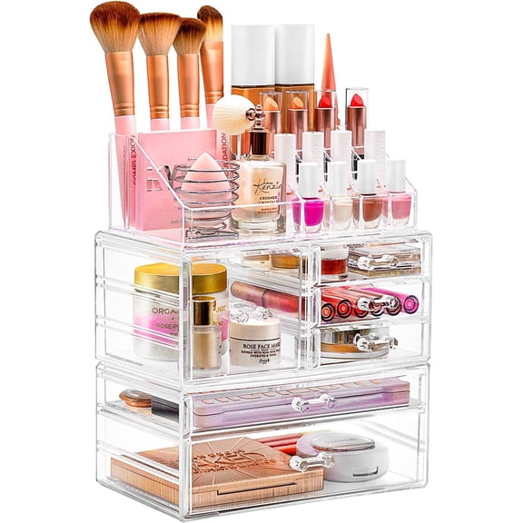 Large Clear Makeup Organizer - Detachable 4-Piece Jewelry & Make Up Organizers and Storage Set - Spacious Cosmetic Display Tower - Makeup Organizer for Vanity, Bathroom, Dresser & Countertop