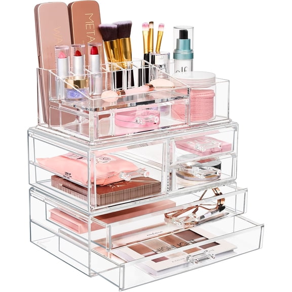 Large Clear Makeup Organizer - Detachable 4-Piece Jewelry & Make Up Organizers and Storage Set - Spacious Cosmetic Display Tower - Makeup Organizer for Vanity, Bathroom, Dresser & Countertop