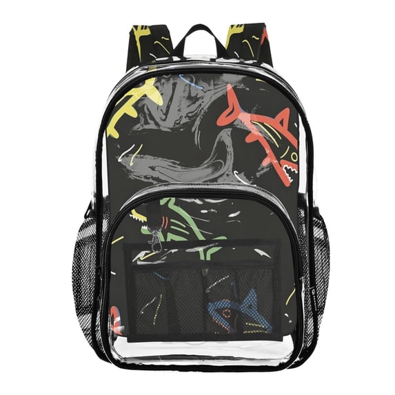 Large Clear PVC Backpack Heavy Duty See Through Backpack for Adults Work Travel, Black Neon Sharks Printed 12L
