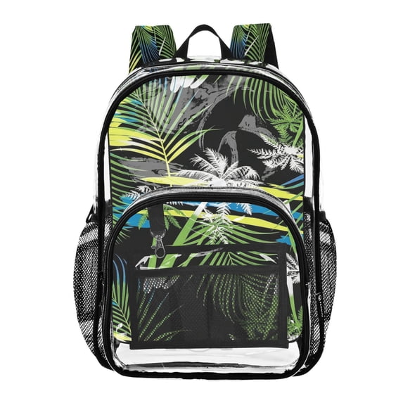Large Clear PVC Backpack Heavy Duty See Through Backpack for Adults Work Travel, Black Palm Fronds Printed 12L