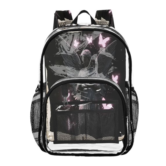 Large Clear PVC Backpack Heavy Duty See Through Backpack for Adults Work Travel, Black-gngel Printed 12L