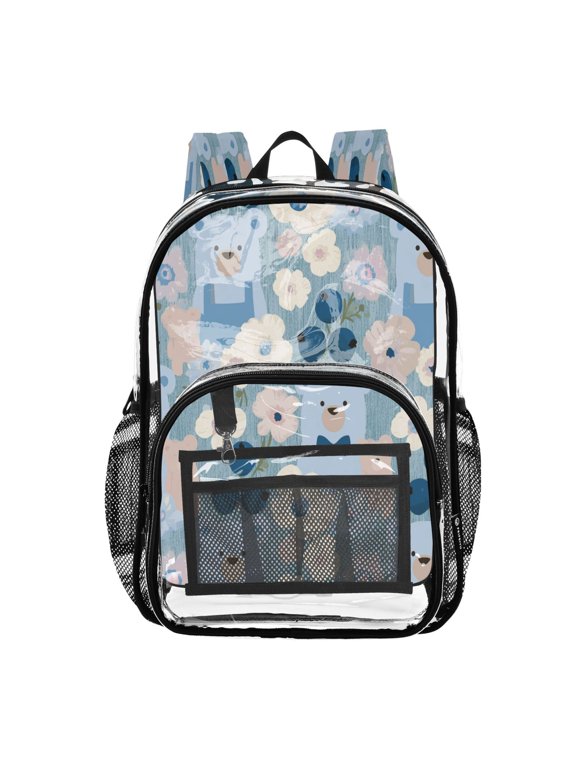 Large Clear PVC Backpack Heavy Duty See Through Backpack for Adults Work Travel, Blue Floral Bear Printed 12L