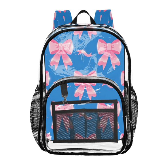 Large Clear PVC Backpack Heavy Duty See Through Backpack for Adults Work Travel, Blue Pink-bows Printed 12L