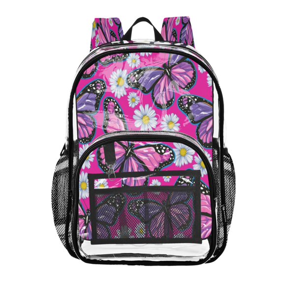 Large Clear PVC Backpack Heavy Duty See Through Backpack for Adults Work Travel, Butterfly Daisy Printed 12L