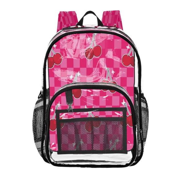 Large Clear PVC Backpack Heavy Duty See Through Backpack for Adults Work Travel, Checker Cherry Printed 12L