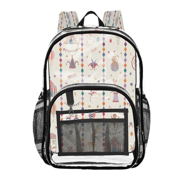 Large Clear PVC Backpack Heavy Duty See Through Backpack for Adults Work Travel, Cream Circus Animal Printed 12L
