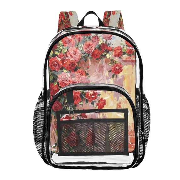 Large Clear PVC Backpack Heavy Duty See Through Backpack for Adults Work Travel, Crimson Rose Printed 12L