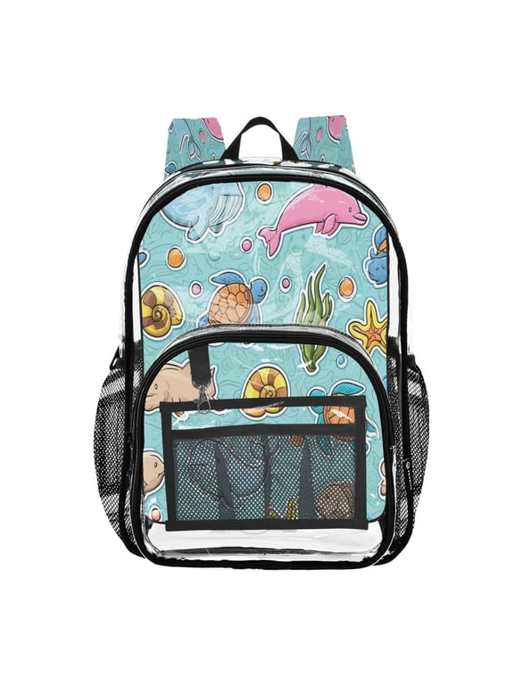 Large Clear PVC Backpack Heavy Duty See Through Backpack for Adults Work Travel, Cyan Ocean Stickers Printed 12L