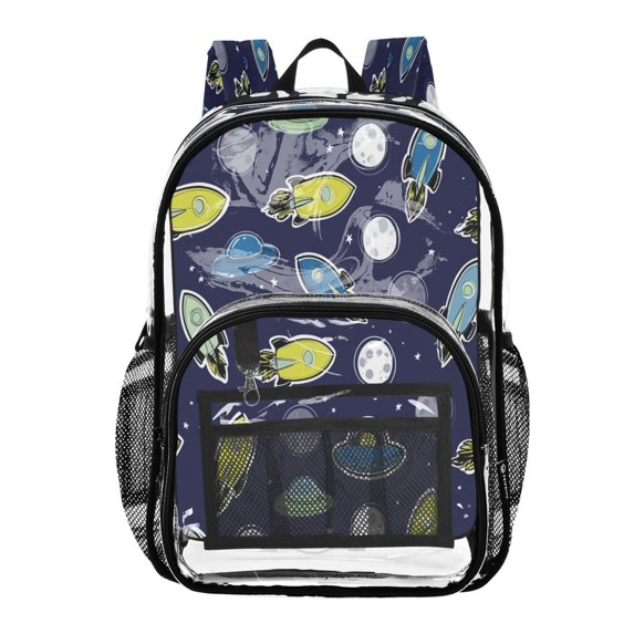 Large Clear PVC Backpack Heavy Duty See Through Backpack for Adults Work Travel, Dark Blue-rocket Printed 12L