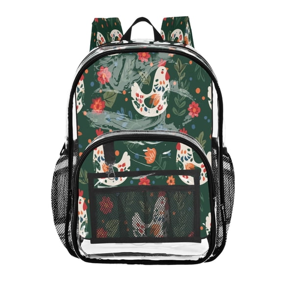 Large Clear PVC Backpack Heavy Duty See Through Backpack for Adults Work Travel, Dark Green Floral Hen Printed 12L