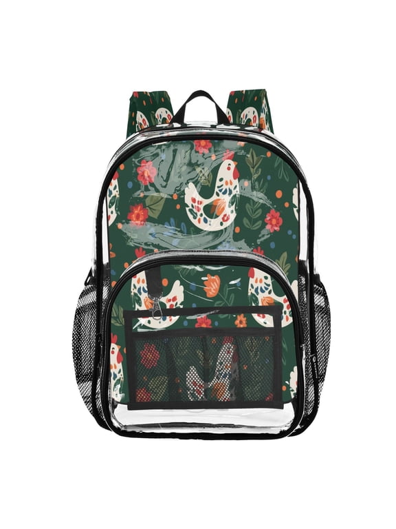 Large Clear PVC Backpack Heavy Duty See Through Backpack for Adults Work Travel, Dark Green Floral Hen Printed 12L