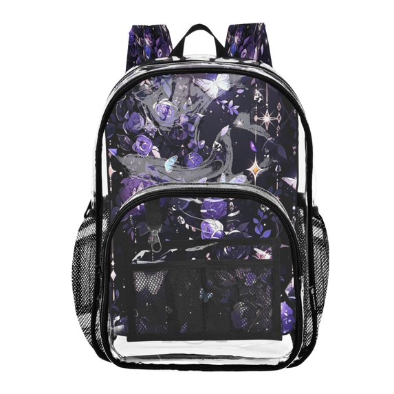 Large Clear PVC Backpack Heavy Duty See Through Backpack for Adults Work Travel, Dark Violet Garden Printed 12L