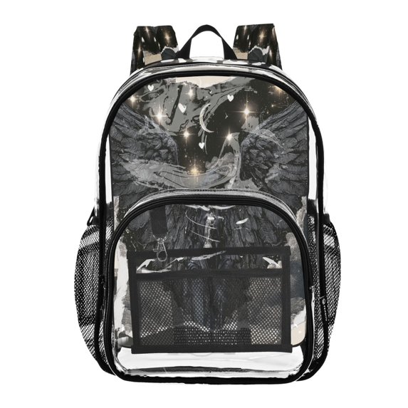 Large Clear PVC Backpack Heavy Duty See Through Backpack for Adults Work Travel, Dark Wings Printed 12L