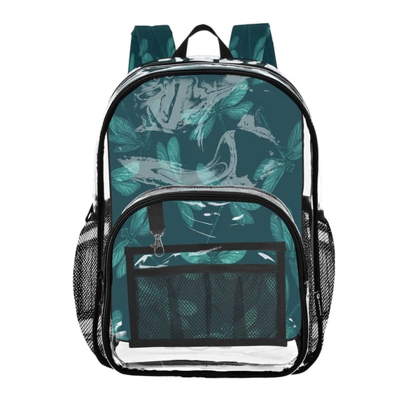 Large Clear PVC Backpack Heavy Duty See Through Backpack for Adults Work Travel, Dragonfly Teal Printed 12L