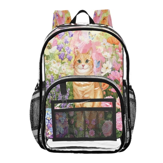 Large Clear PVC Backpack Heavy Duty See Through Backpack for Adults Work Travel, Garden Ginger Cat Printed 12L