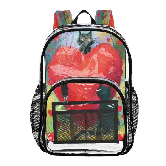 Large Clear PVC Backpack Heavy Duty See Through Backpack for Adults Work Travel, Heart-black Cats Printed 12L