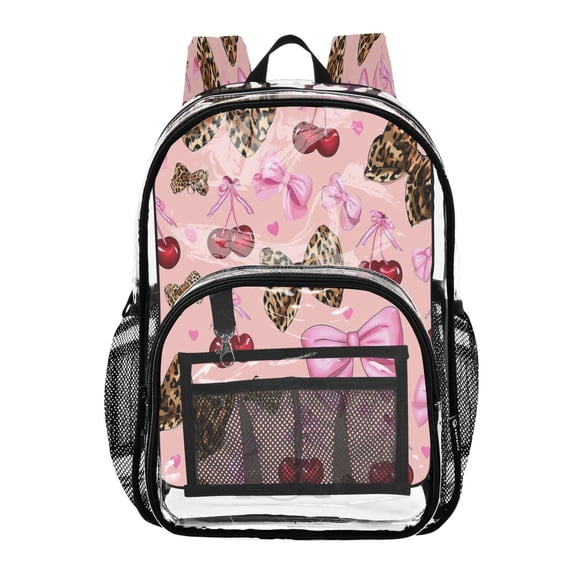 Large Clear PVC Backpack Heavy Duty See Through Backpack for Adults Work Travel, Leopard Cherry Bows Printed 12L