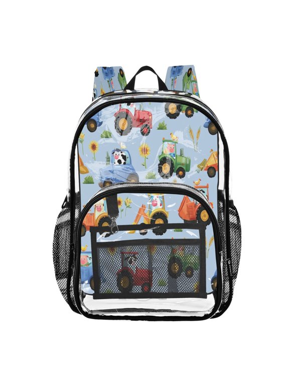 Large Clear PVC Backpack Heavy Duty See Through Backpack for Adults Work Travel, Light Blue Farm Tractor Printed 12L