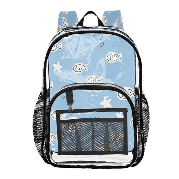 Large Clear PVC Backpack Heavy Duty See Through Backpack for Adults Work Travel, Lightbluefishprint Printed 12L