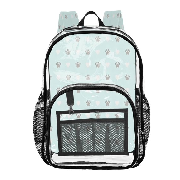 Large Clear PVC Backpack Heavy Duty See Through Backpack for Adults Work Travel, Mint Paw Heart Grid Printed 12L